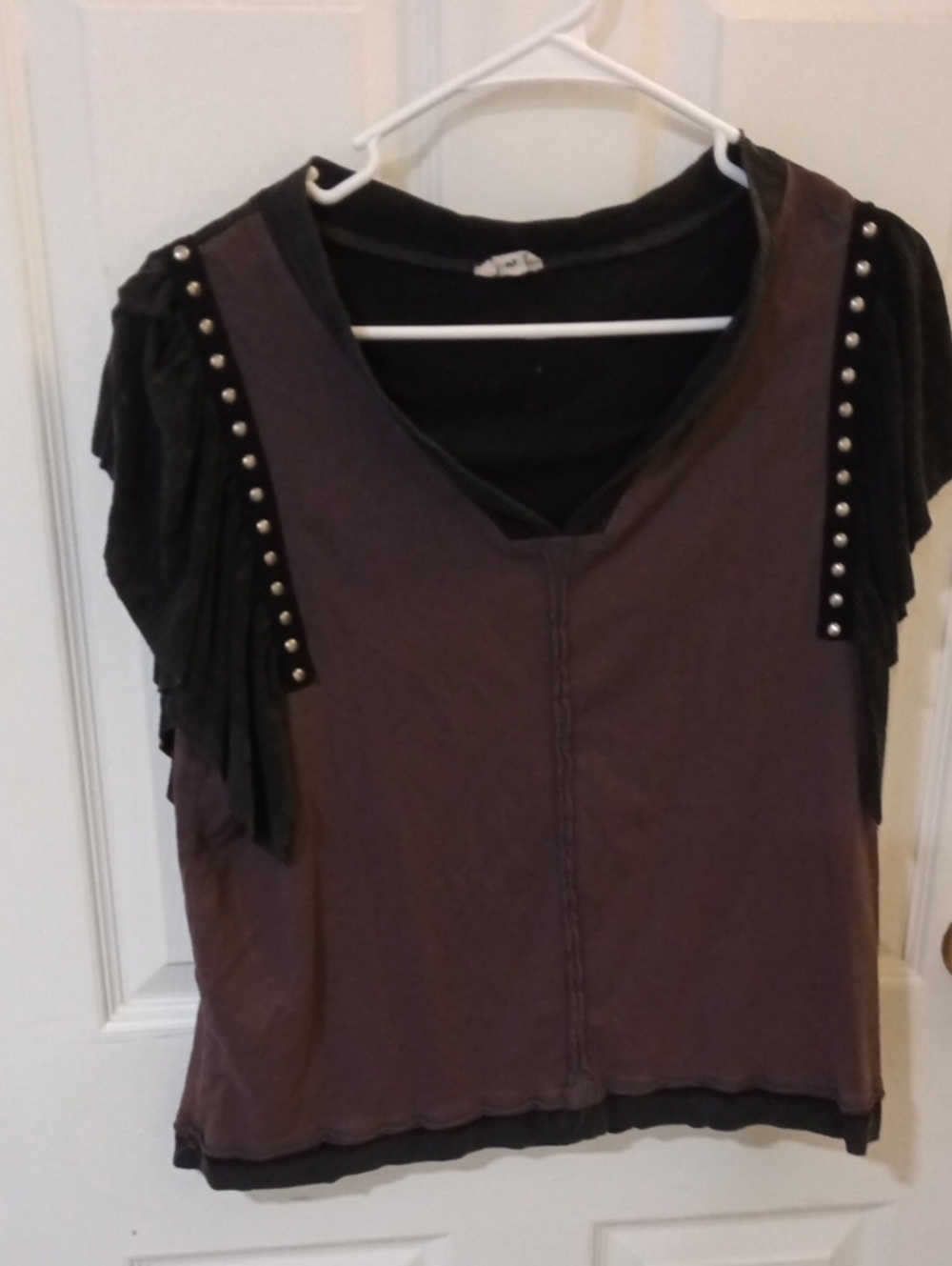 POL Brown Layered V-Neck Short Sleeve Top with Black Fringe and Studs